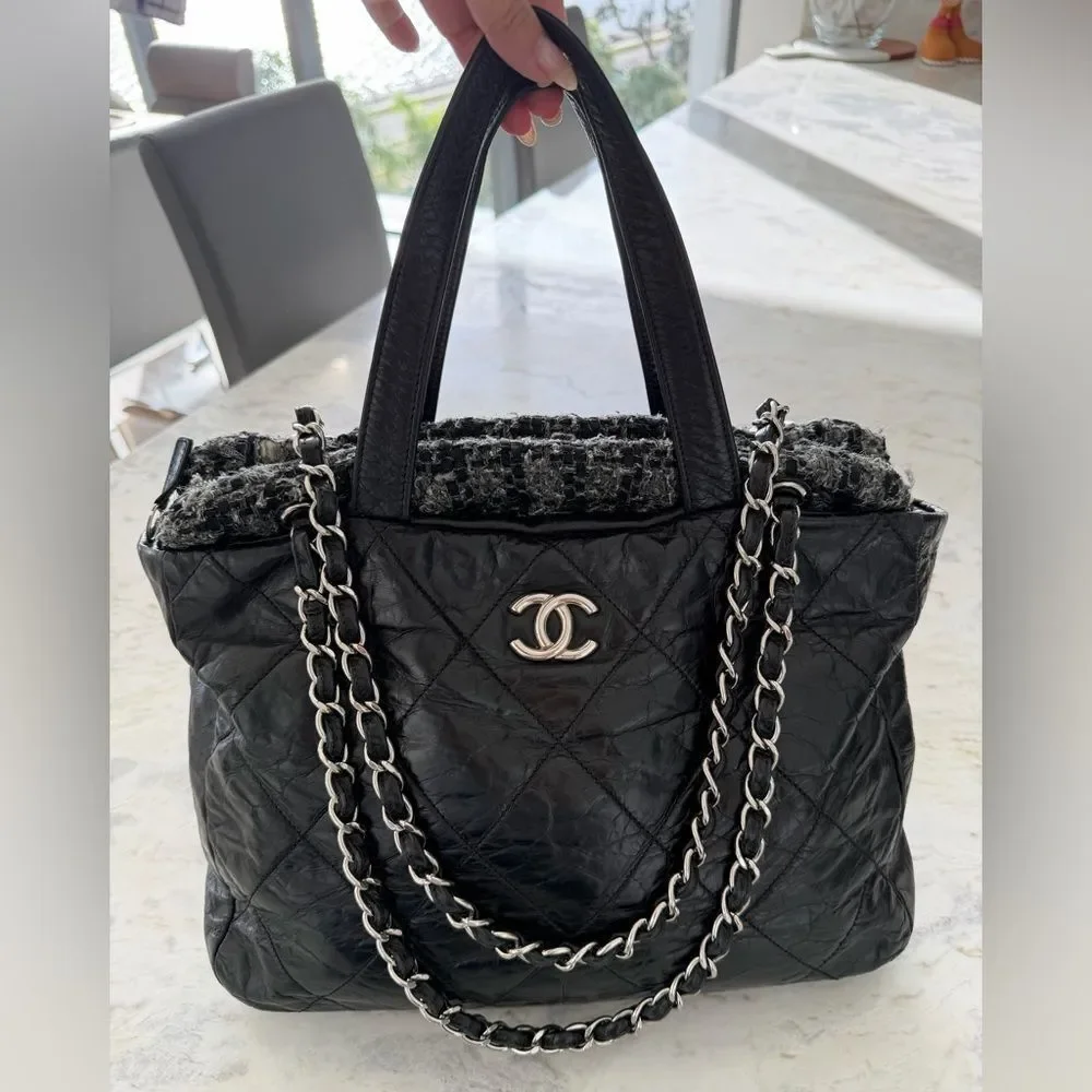 CHANEL Black Quilted Tote with Chain Detail